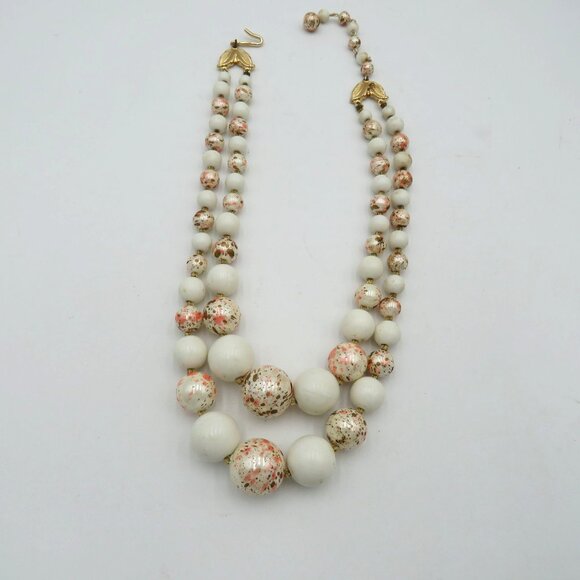 Vintage Necklace Double Strand 13" Cream Gold Speckled Graduated Beads Japan - Picture 9 of 9